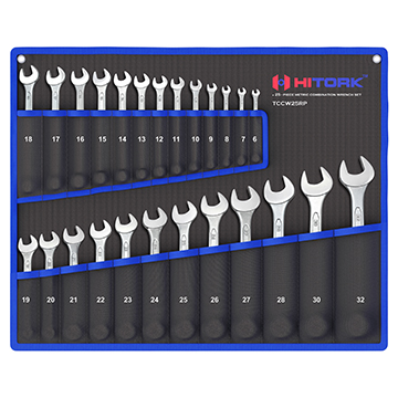 Hitork 25 piece Combination Wrench Set with metric sizes 6 to 32mm chrome vanadium steel mirror chrome finish and 12 point box ends Includes 15° offset heads and roll pouch for home garage and auto repair Hitork_MainImage_Combination_Wrench