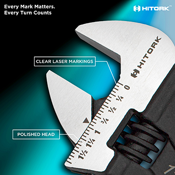 Close up of laser etched SAE and metric measurement scales on the wrench jaw for accurate  precision adjustments and easy readability Laser_Etched_Scale