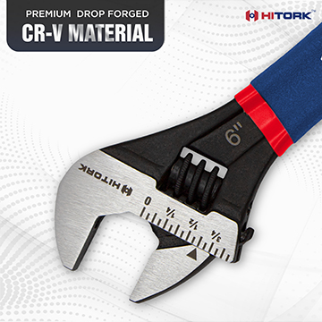 Close up view of wrench head highlighting premium Chrome Vanadium (CRV) steel construction with heat treated material Material_Feature_CRV_Black_finish